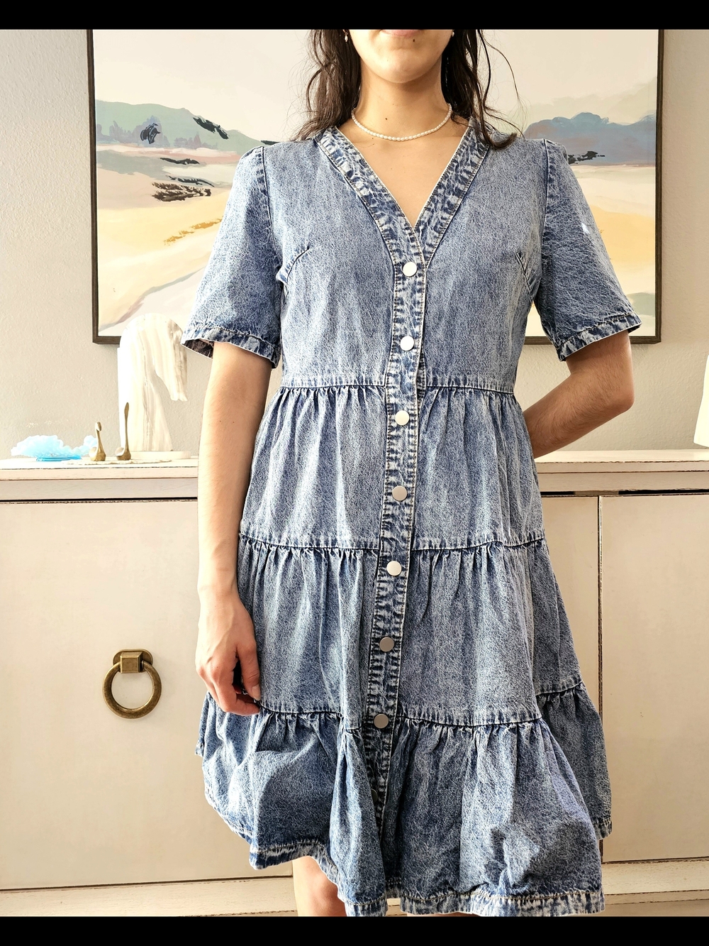 Acid Washed Blue Denim Button-Front Tiered Mini Dress Casual Summer Streetwear